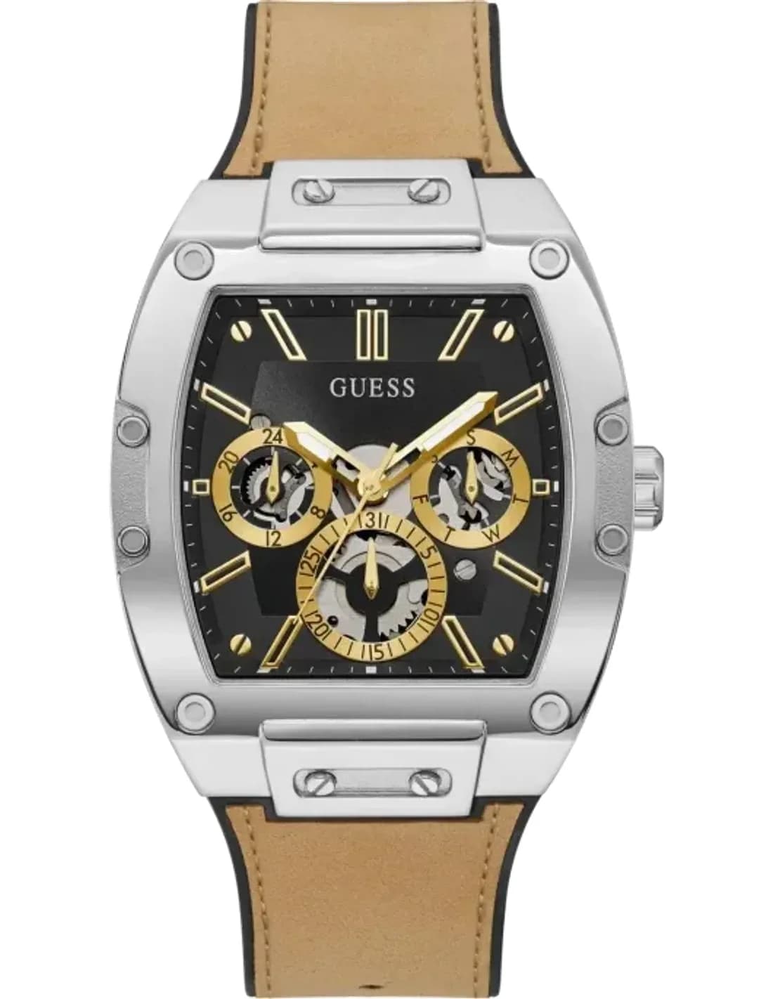 Montre Homme Guess Boîtier argenté de 43 mm GW0202G3 Cadran noir Bracelet beige Multifonction