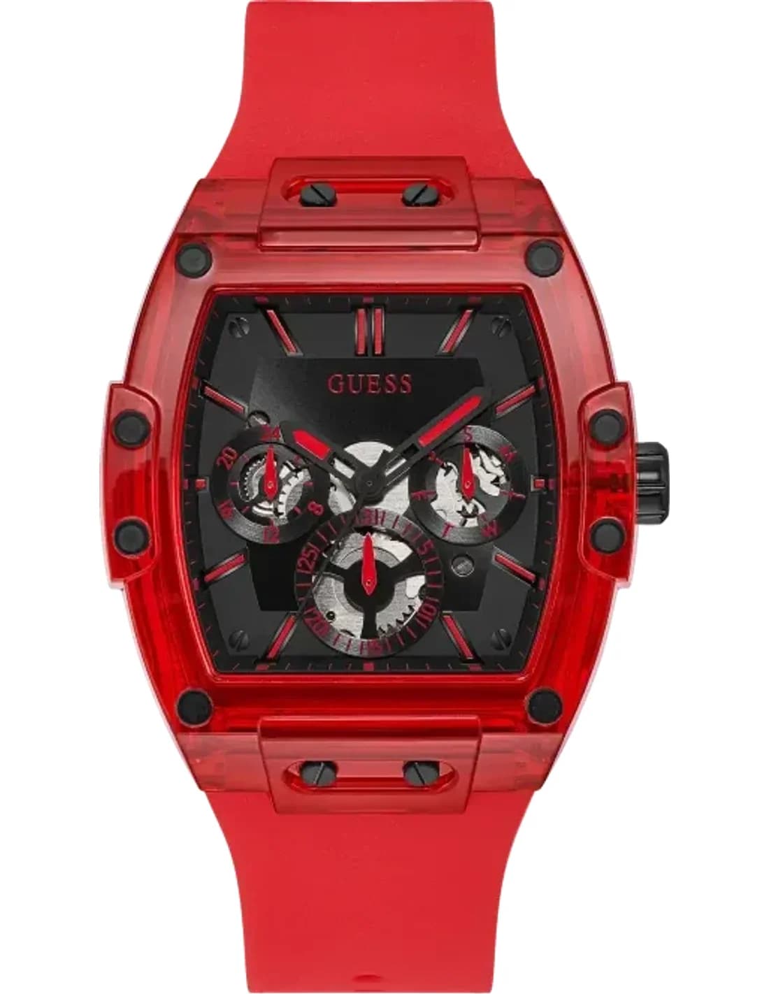 Montre Homme Guess Rouge 43mm Boîtier GW0203G5 Cadran Noir Bracelet en Silicone Multifonction