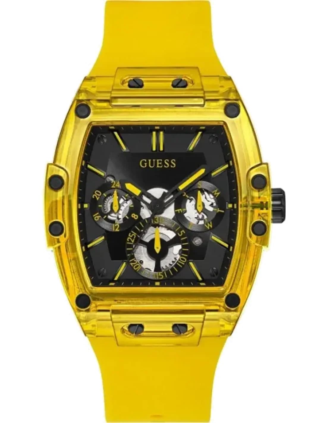 Montre Homme Guess Jaune 43mm Boîtier GW0203G6 Cadran Noir Bracelet en Silicone Multifonction