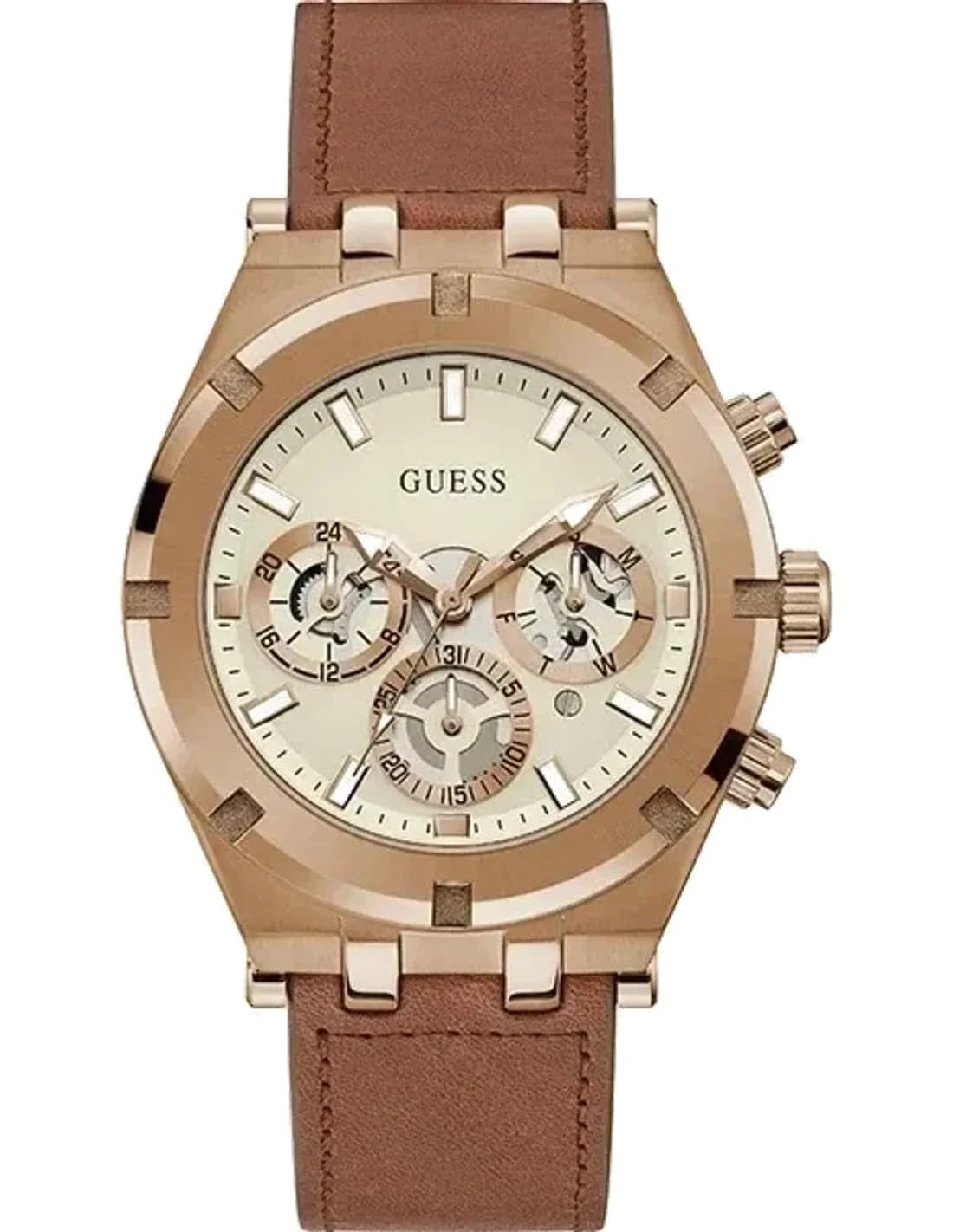 Montre Homme Guess Coffee 44mm boitier GW0262G3 cadran blanc bracelet en cuir marron multifonction