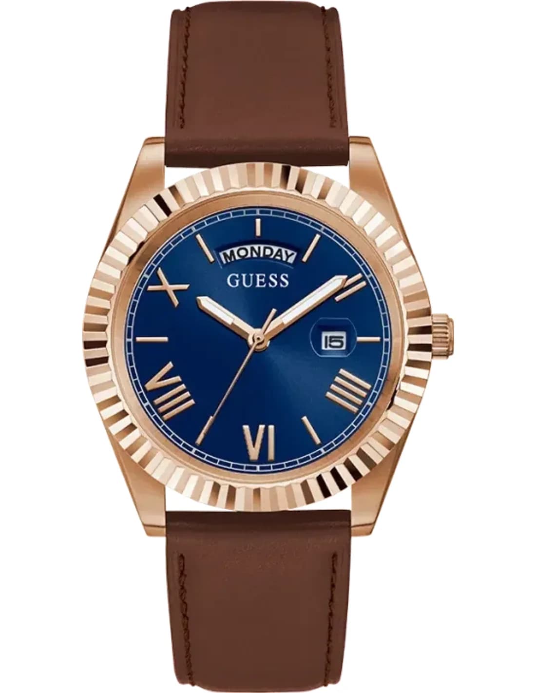 Montre Homme Guess Boîtier en or rose 42 mm GW0353G2 Cadran bleu Quartz Bracelet en cuir marron