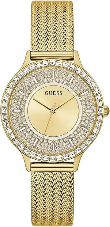 Montre Femme Guess Soiree GW0402L2 dorée boîtier serti de cristaux bracelet maille milanaise acier doré