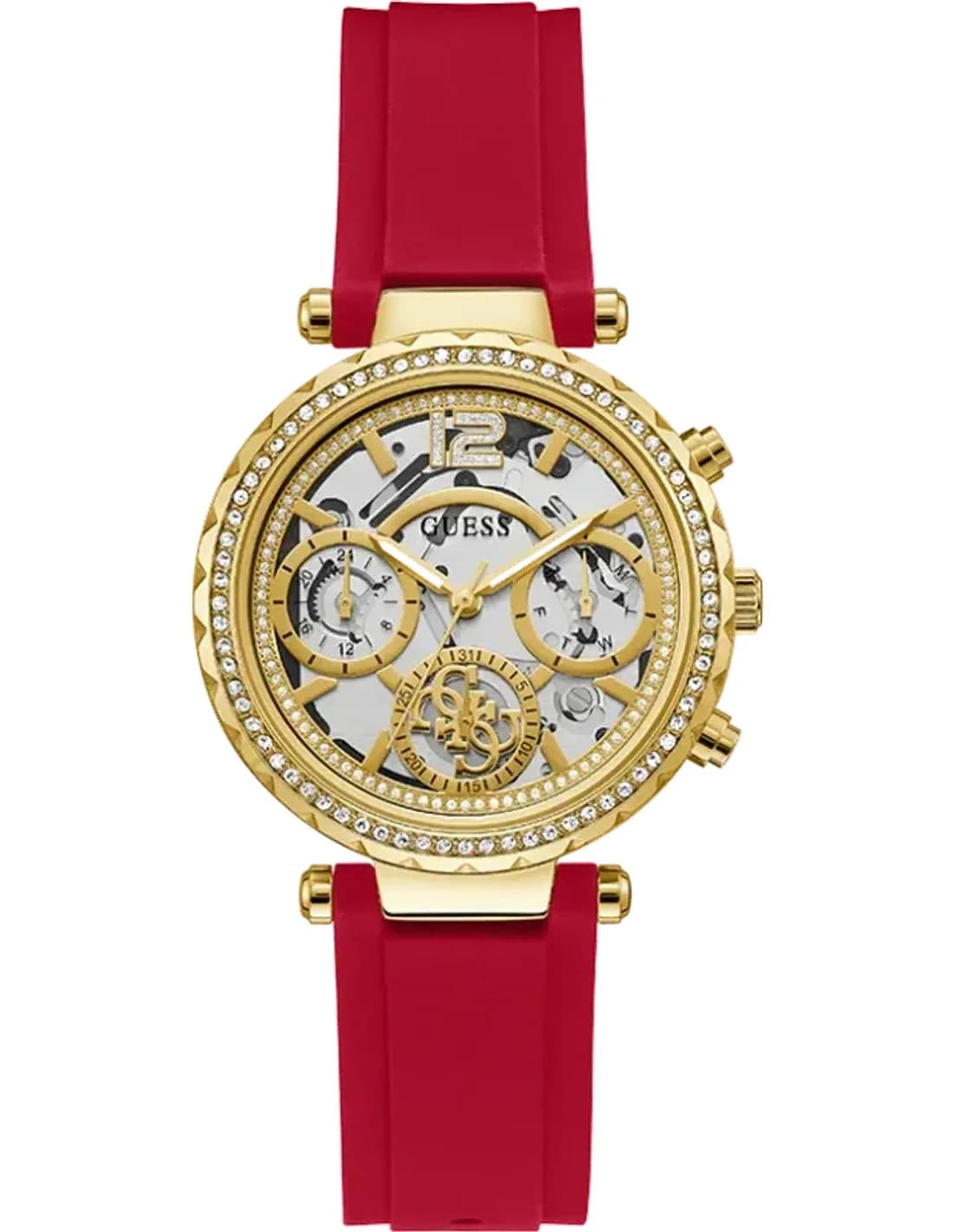 Montre Femme Guess Gold Tone 36mm Case GW0484L1 Cadran Deux Tons Bracelet en Silicone Rouge Multifonction