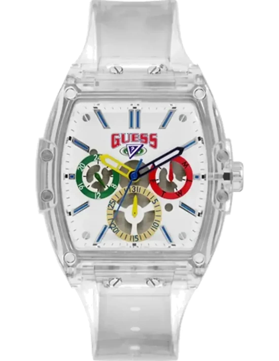 Montre Homme Guess Clear 43mm Case V1051M1 Cadran blanc Bracelet transparent en polycarbonate multifonction