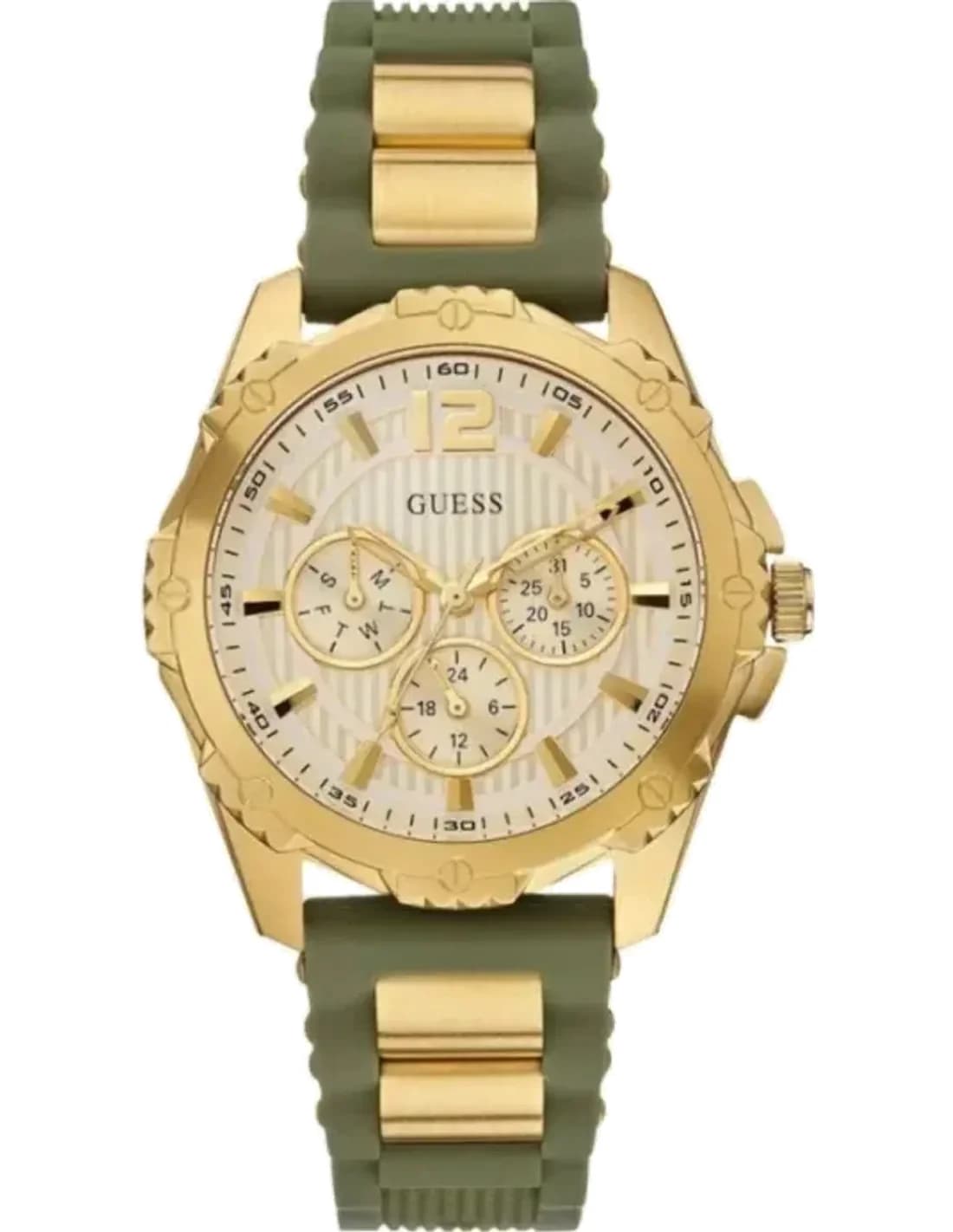 Montre Femme Guess Gold Tone Case W0325L5 cadran beige bracelet en silicone vert multi fonction