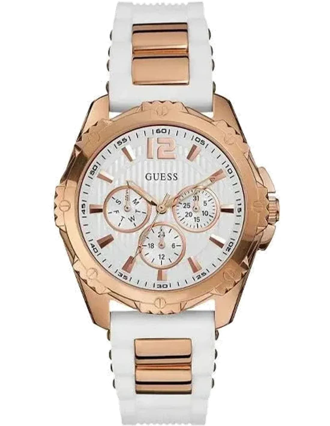 Montre Femme Guess Boîtier en or rose W0325L6 Cadran blanc Bracelet en silicone Multifonction