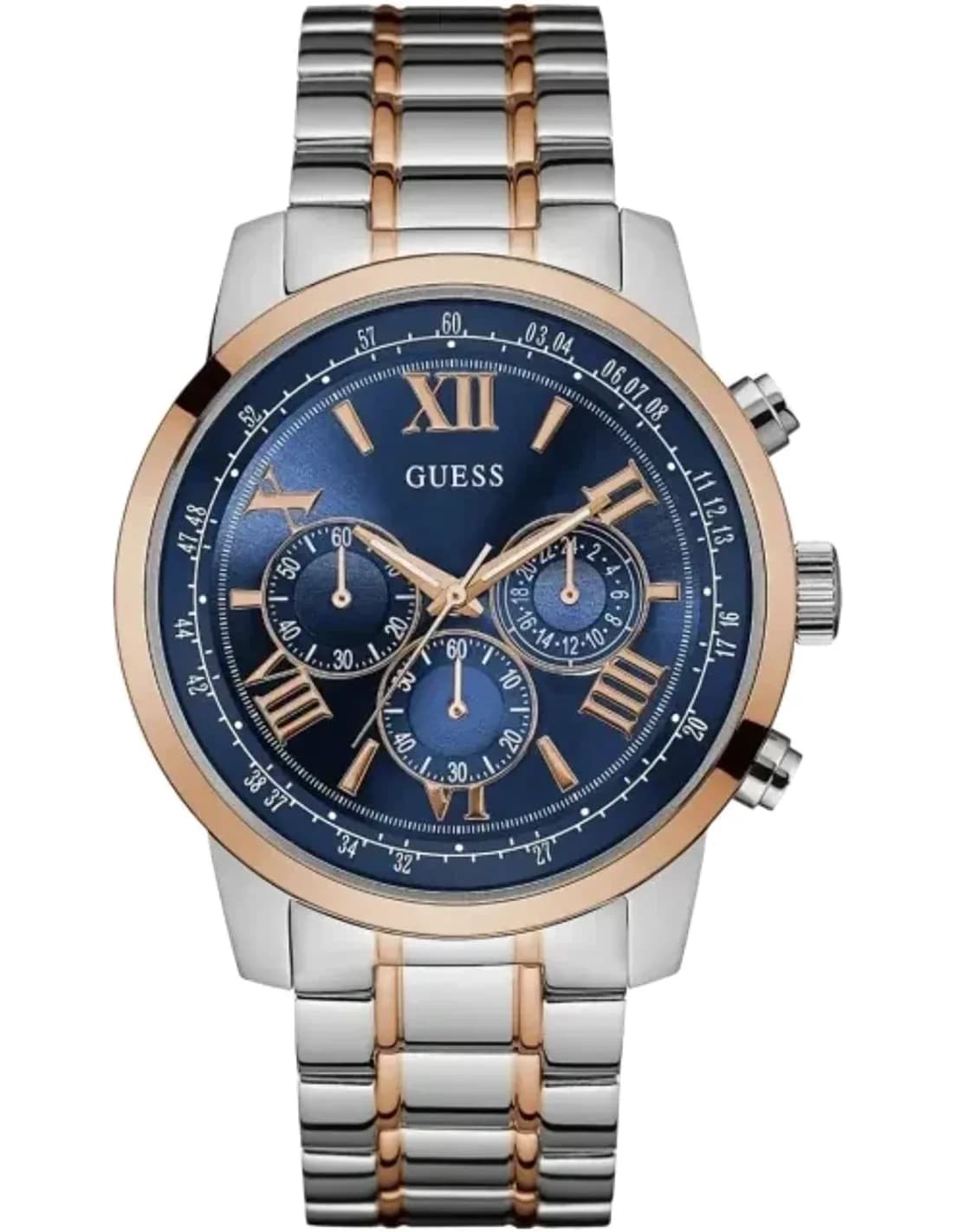Montre Homme Guess Silver 45mm Case W0379G7 Cadran Bleu Bracelet en Acier Inoxydable Bicolore Chronographe