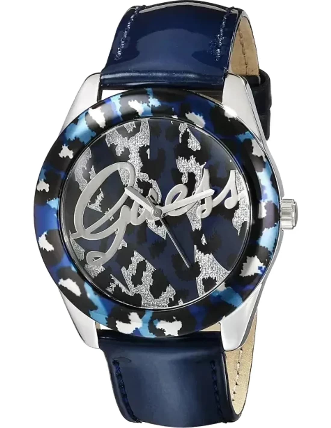 Montre Femme Guess W0455L1 Cuir Vernis Bleu Cadran Léopard