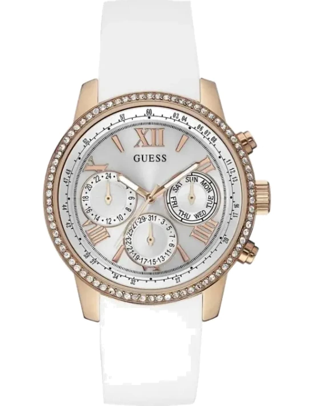 Montre Femme Guess Rose Gold Tone 42mm Case W0616L1 Cadran Blanc Multi-fonction