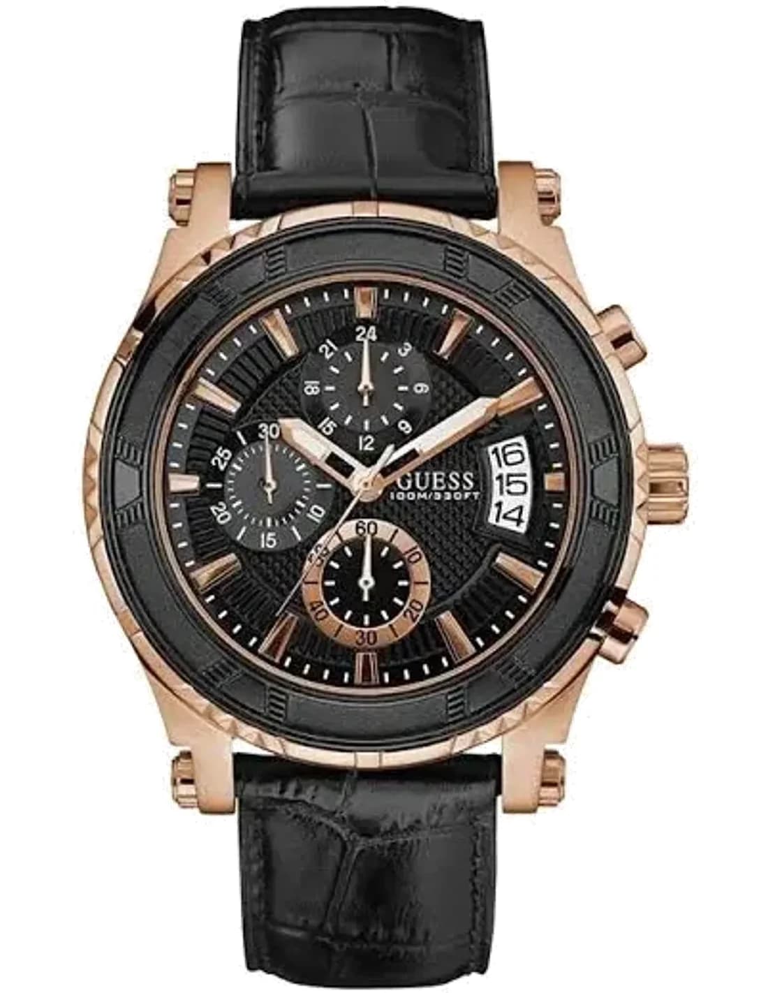 Montre Homme Guess Boîtier en or rose 46 mm W0673G5 Cadran noir Bracelet en cuir Chronographe