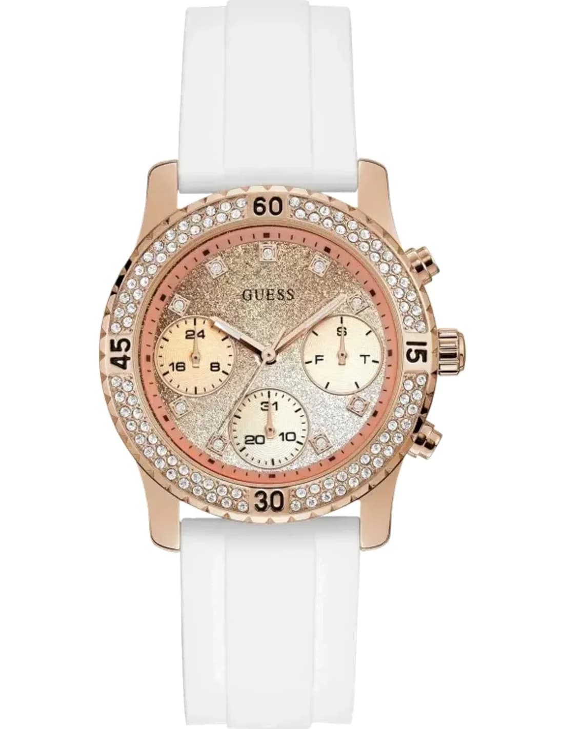 Montre Femme Guess Confetti W1098L5 bracelet en silicone blanc cadran or rose