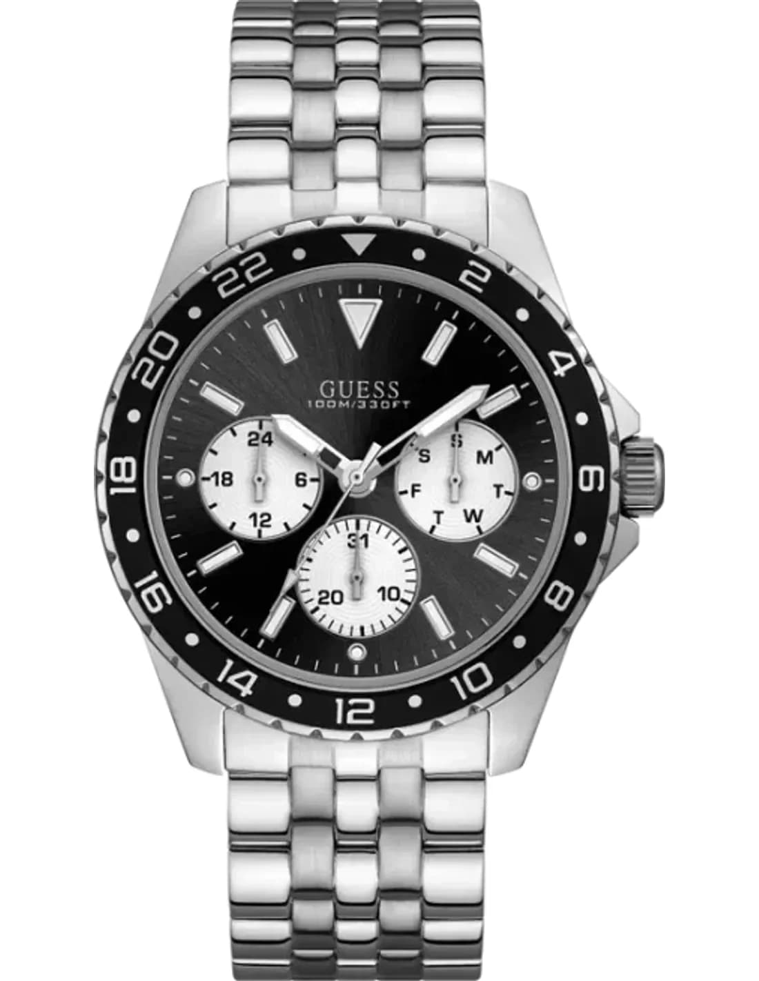 Montre Homme Guess Odyssey W1107G1 bracelet acier argent cadran noir multifonction