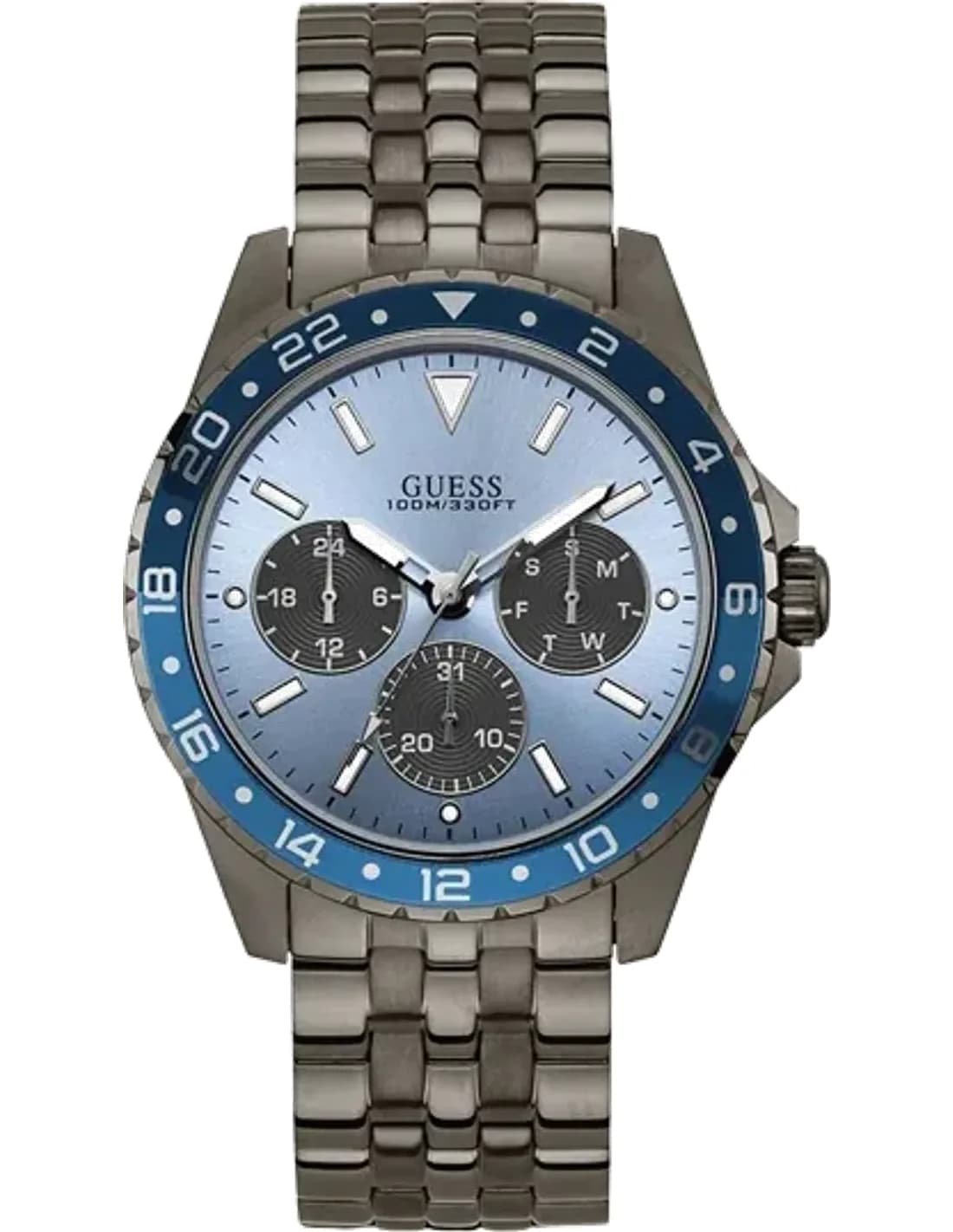 Montre Homme Guess Gunmetal 44mm Boîtier W1107G5 Cadran Bleu Bracelet en Acier Inoxydable Multifonction