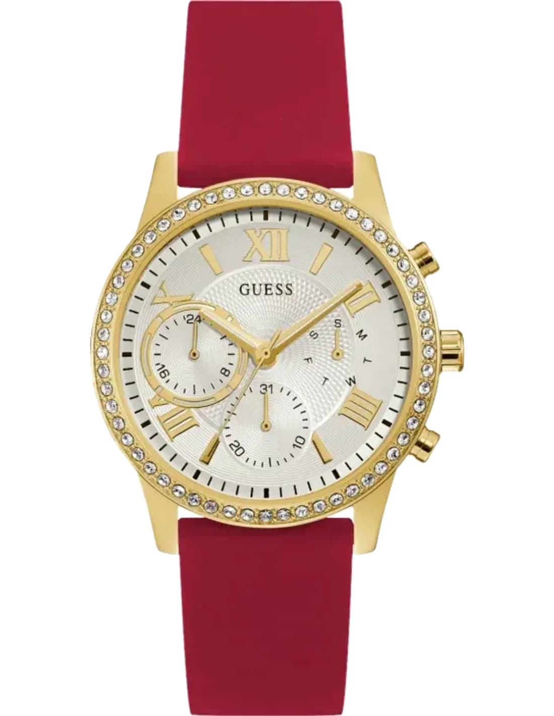 Montre Femme Guess Gold Tone Case W1135L6 Bracelet en silicone rouge Multifonction