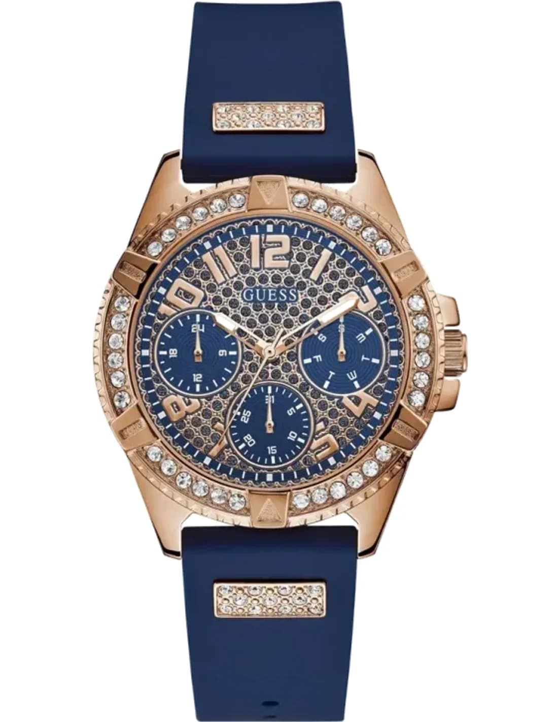 Montre Femme Guess Rosegold Case W1160L3 cadran bleu bracelet en silicone multifonction