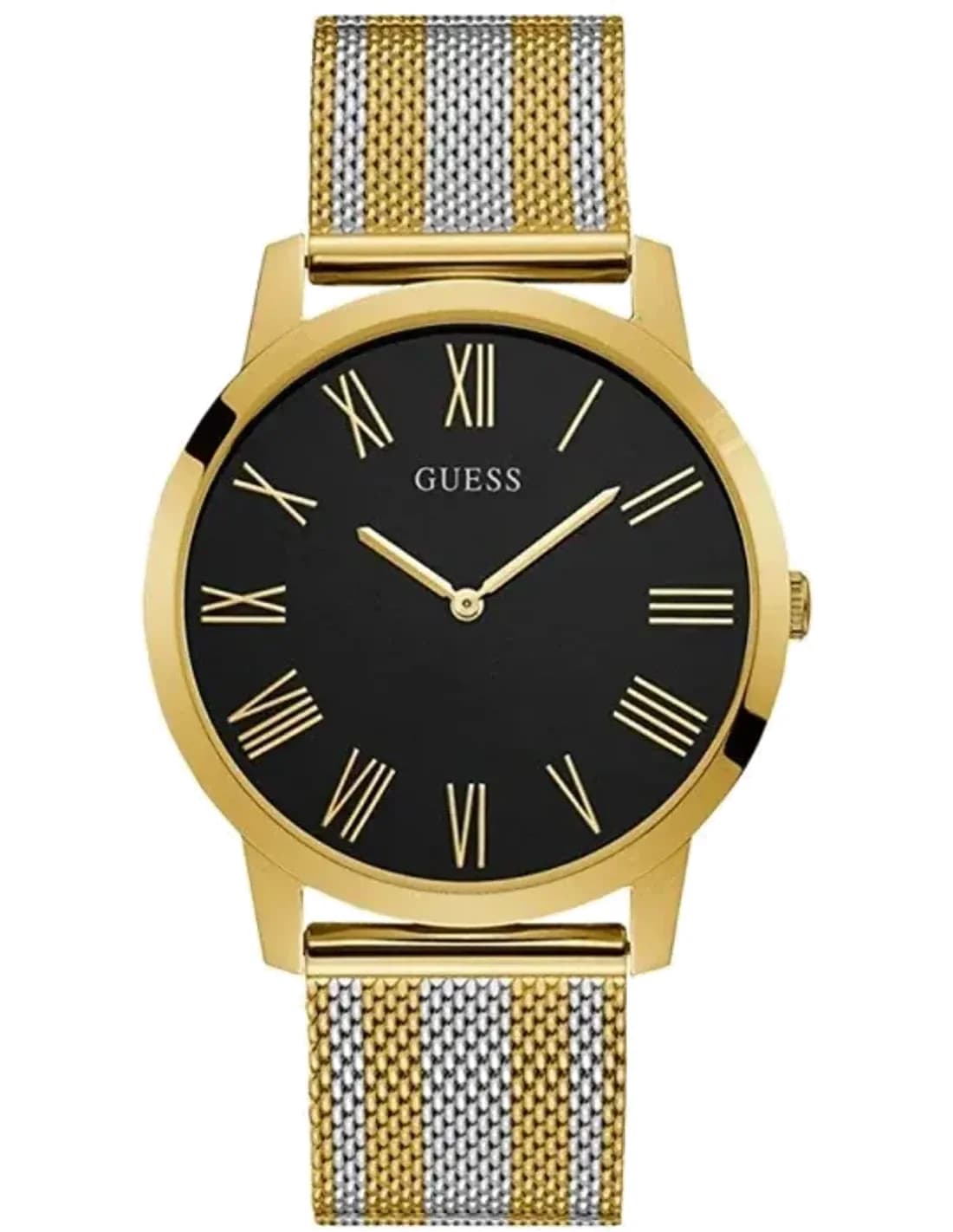 Montre Homme Guess Boîtier doré de 44 mm W1179G2 Cadran noir Bracelet en maille bicolore
