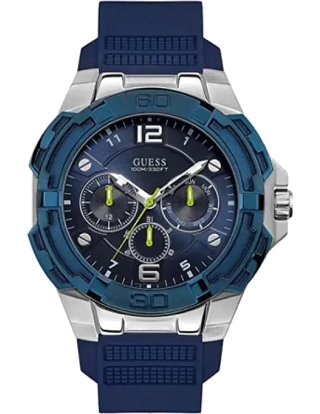 Montre Homme Guess Silvertone Case W1254G1 cadran bleu bracelet en silicone multifonction