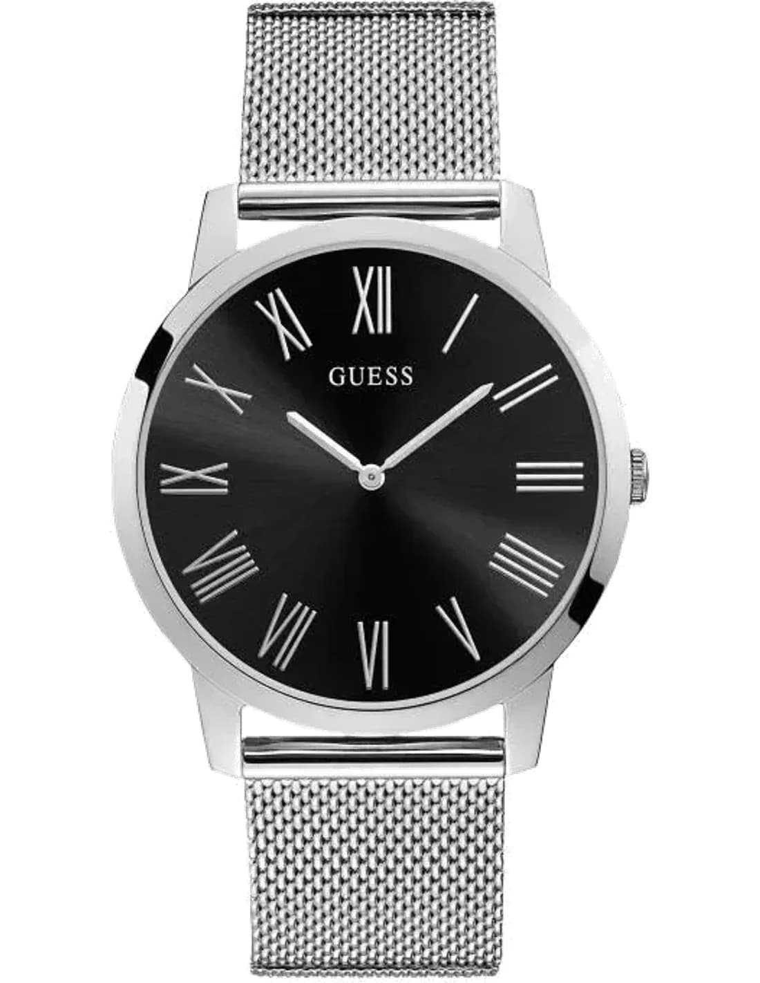 Montre Homme Guess Silver 44mm Case W1263G1 Cadran noir Bracelet en maille d'argent