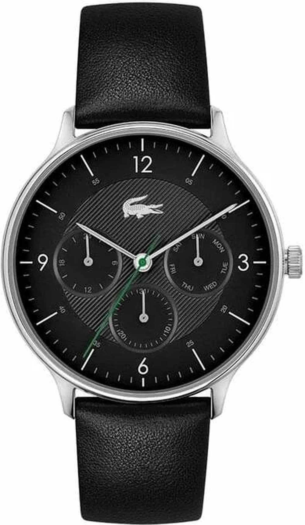 Lacoste 2011139 Silver Stainless Steel Men's Watch with Black Leather Strap and Multifunctional Dial