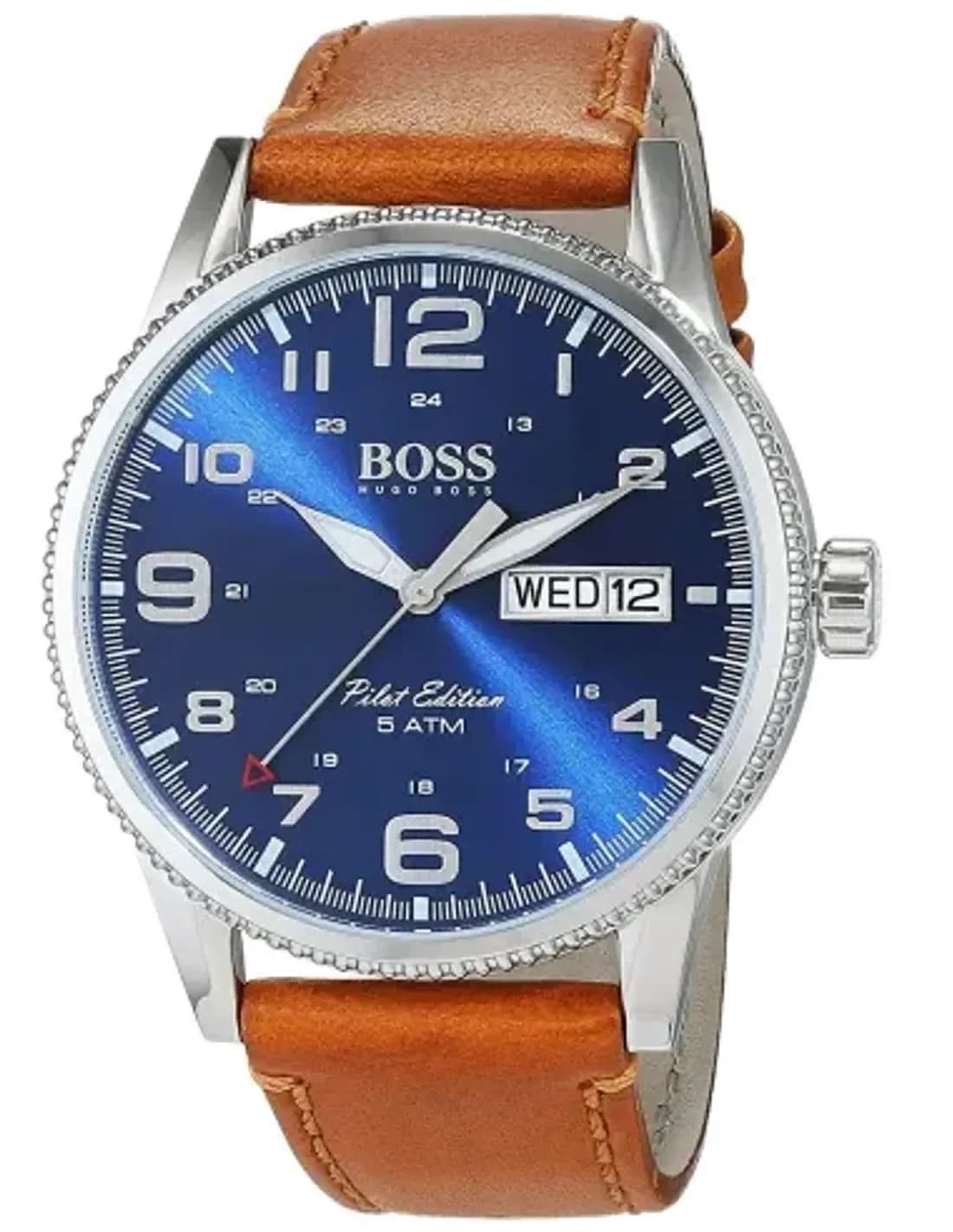 Montre Hugo Boss Pilot 1513331 Bracelet Cuir Marron Cadran Bleu Electrique