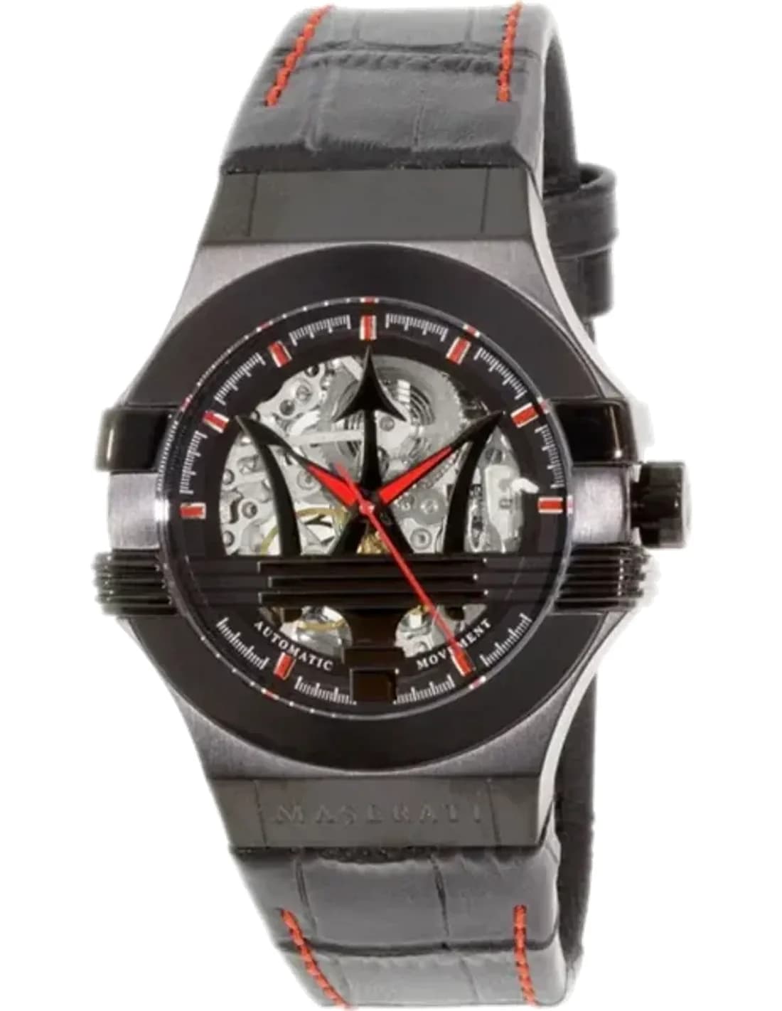 Montre Homme Maserati Potenza R8821108008 Cadran squelette argenté automatique Bracelet en cuir noir