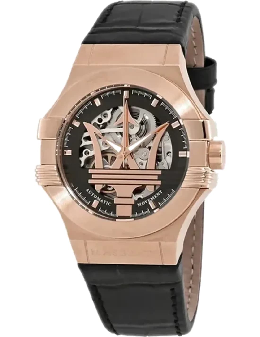 Montre Homme Maserati Potenza R8821108025 Cadran Squelette Or Rose Automatique Bracelet Cuir Noir