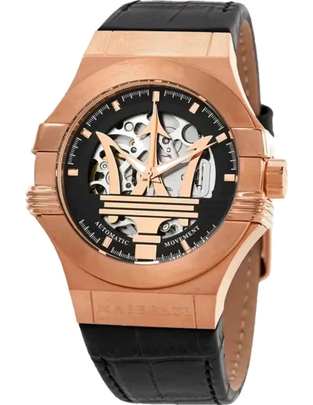 Montre Homme Maserati Potenza R8821108039 Automatique NH70 Squelette Or Rose Cadran Bracelet Cuir Noir
