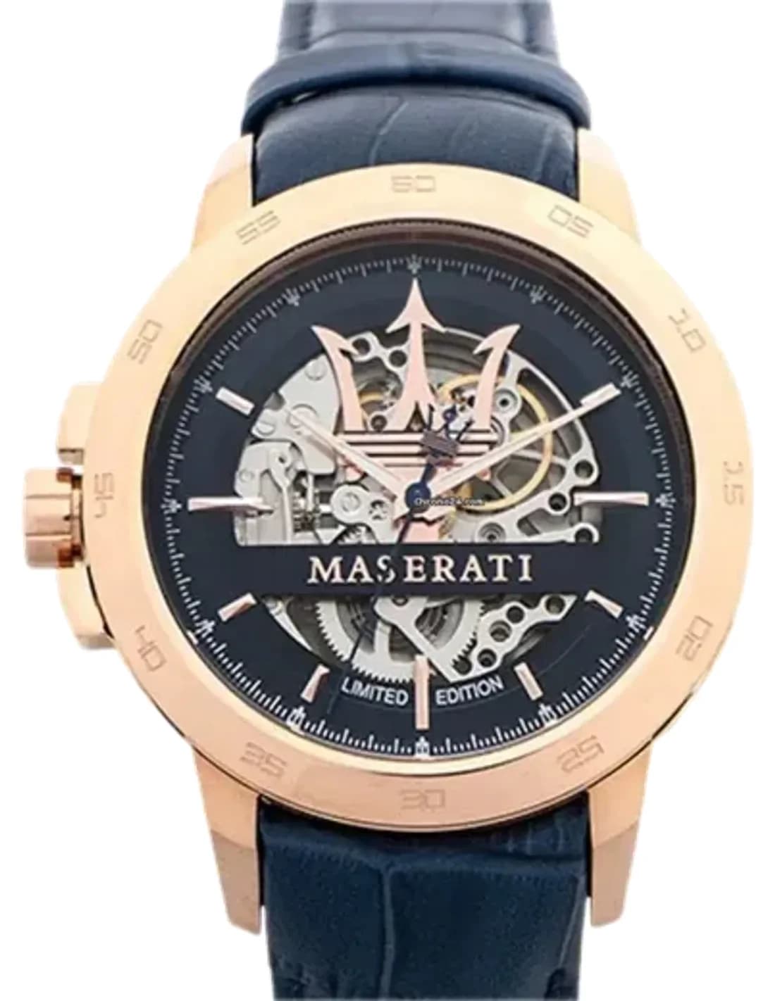 Montre Homme Maserati Automatique R8821119005 Squelette Cadran Bleu Bracelet Cuir Bleu