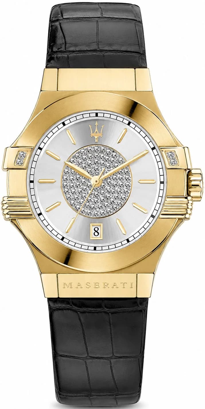 Montre Femme Maserati Potenza R8851108505 Quartz Cadran Argent Bracelet Cuir Noir