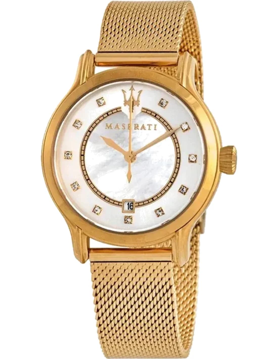 Montre Femme Maserati Epoca R8853118502 Quartz Diamant Nacre Cadran Doré Mesh Bracelet en acier inoxydable