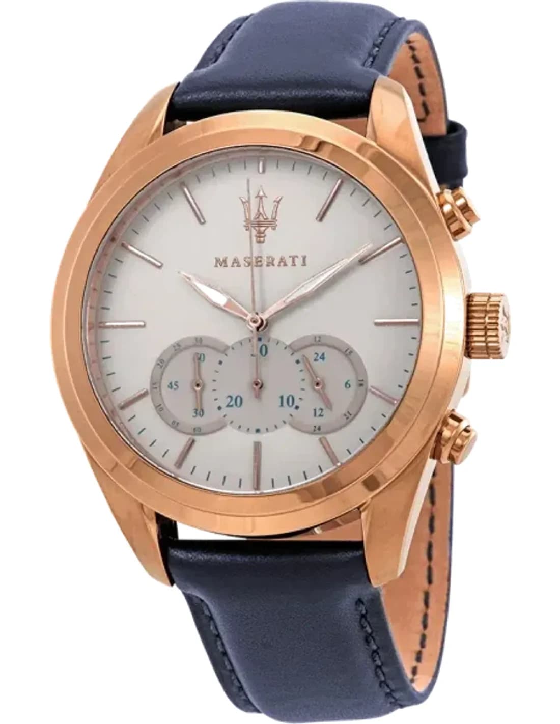 Montre Homme Maserati Traguardo R8871612016 Cadran chronographe blanc Bracelet en cuir bleu