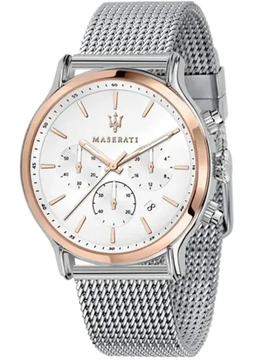 Montre Homme Maserati Epoca R8873618009 détails or rose bracelet en maille milanaise