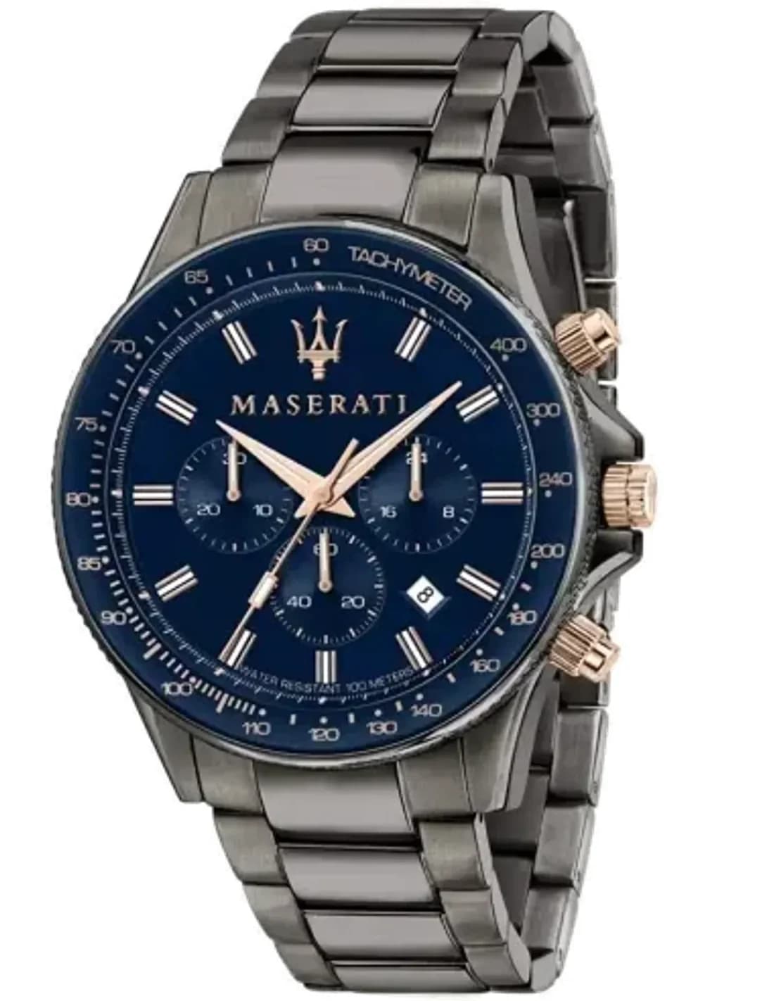 Montre Maserati Sfida R8873640001 chronomètre bleu détails or rose en acier noir