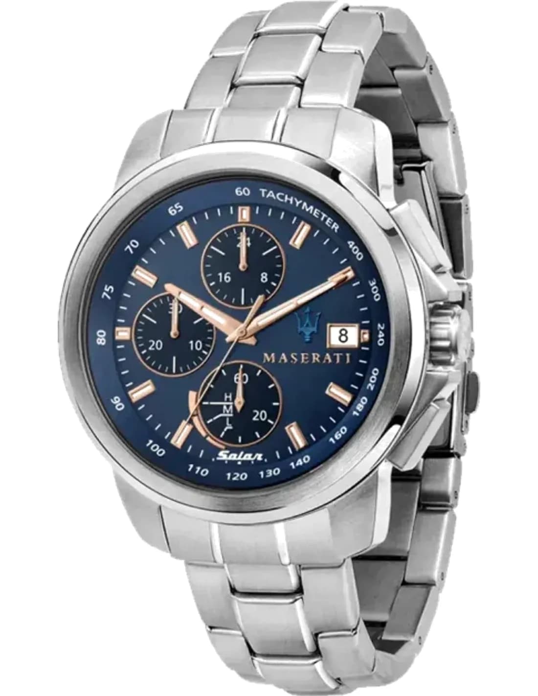 Montre Homme Maserati Successo Solar R8873645004 chronographe cadran bleu bracelet en acier inoxydable argenté