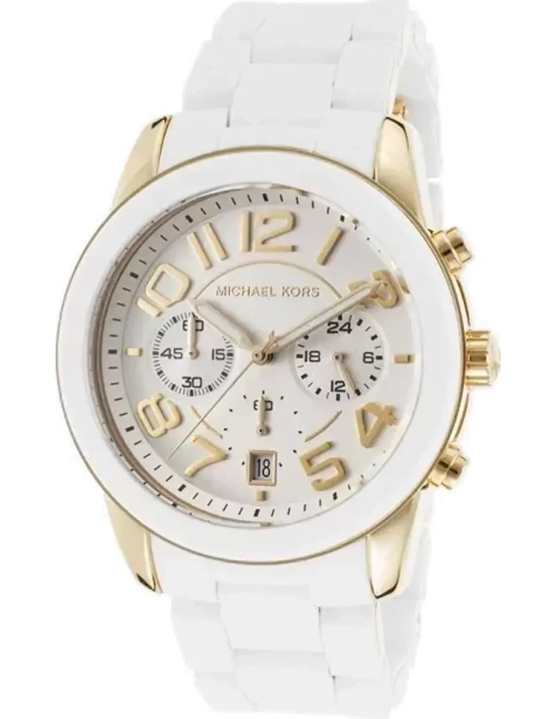 Montre Femme Michael Kors Mercer MK5889 Bracelet Silicone blanc et boîtier doré