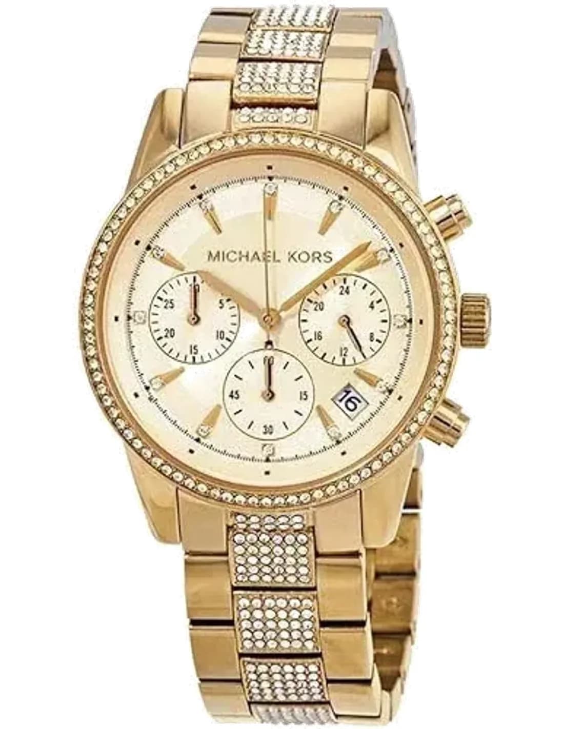 Montre Michael Kors Ritz MK6484 chronographe doré avec pierres pavées bracelet en acier inoxydable