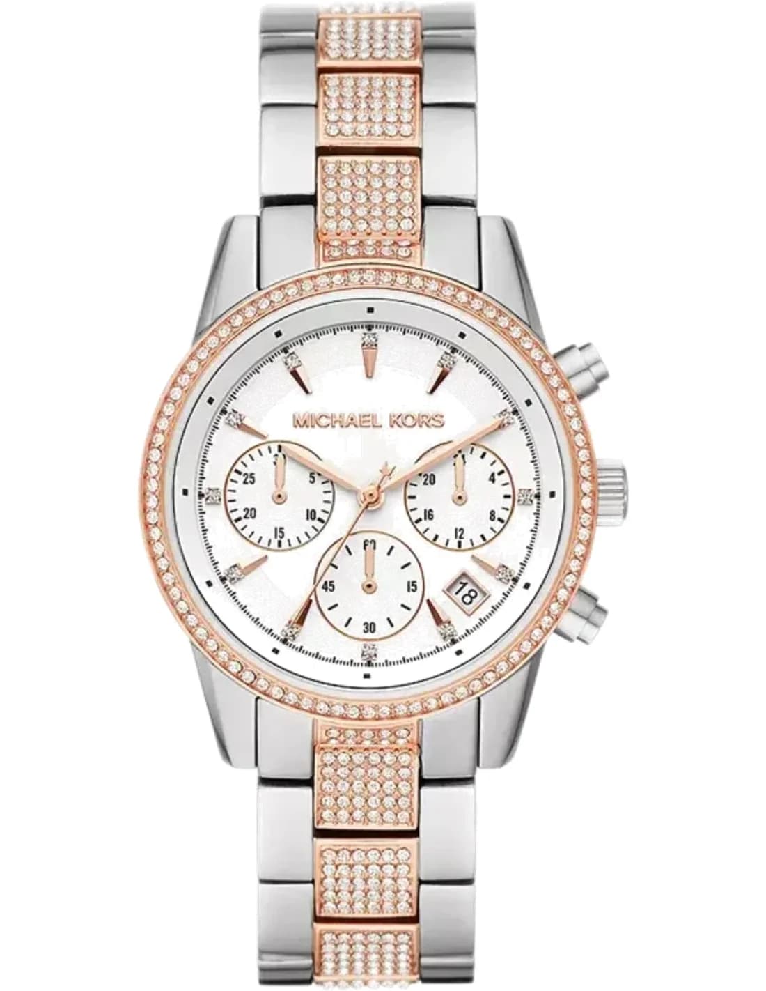 Montre chronographe bicolore Michael Kors Ritz MK6651 pavée de cristaux bracelet en acier inoxydable bicolore