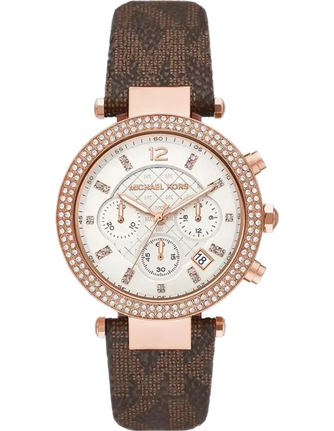 Montre Michael Kors Parker MK6917 orné de cristaux cadran blanc bracelet en toile à logo imprimé MK