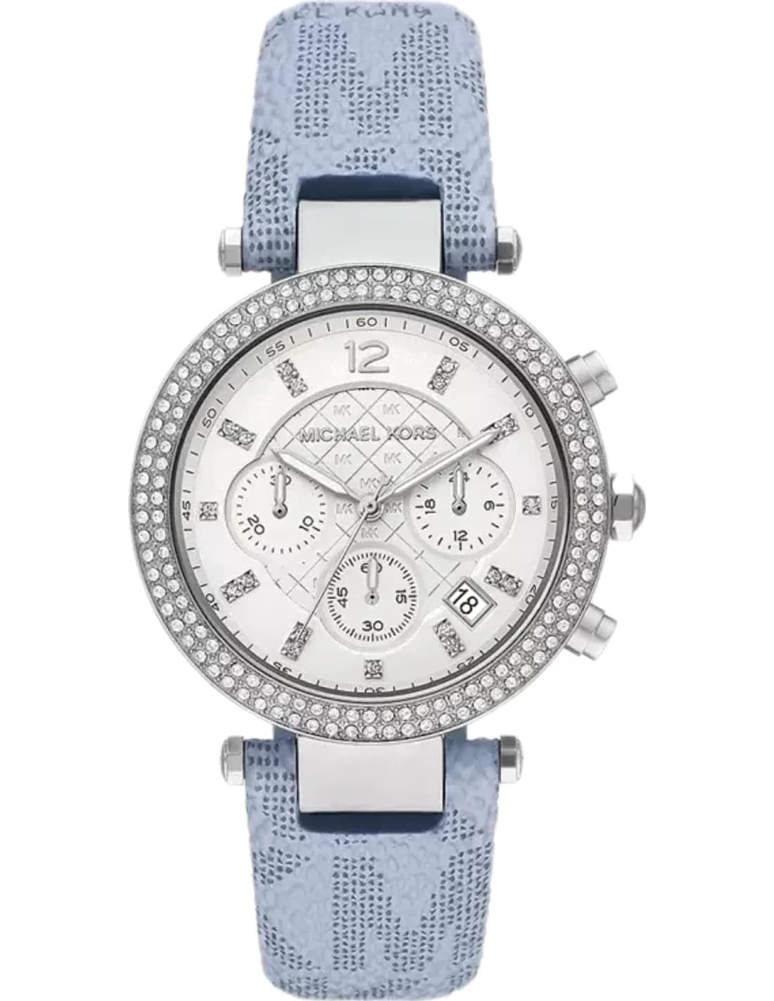 Montre chronographe Michael Kors Parker MK6936 orné de cristaux à cadran blanc bracelet bleu imprimé MK