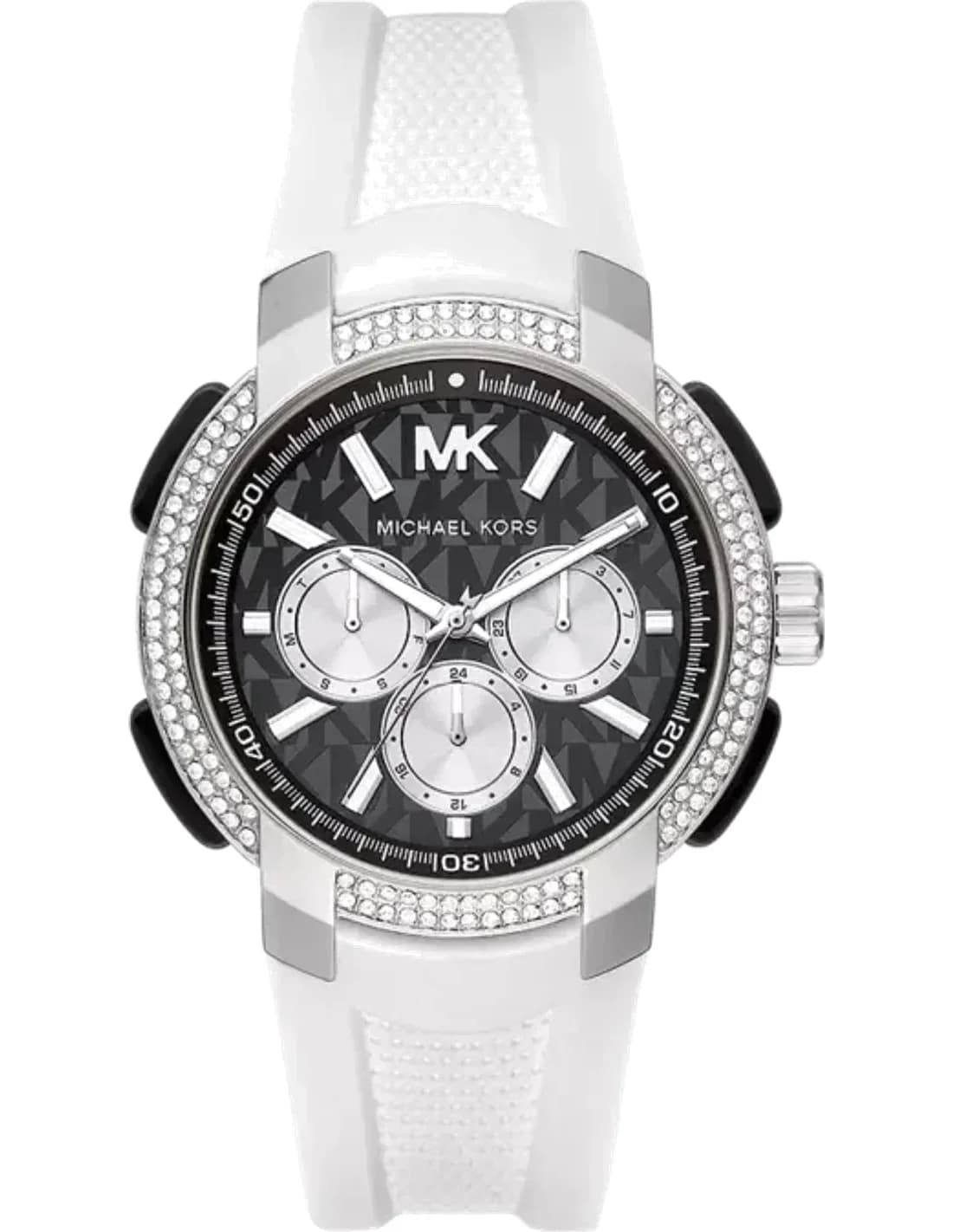 Montre multifonction Michael Kors Sydney MK6947 ornée de cristaux bracelet en silicone blanc