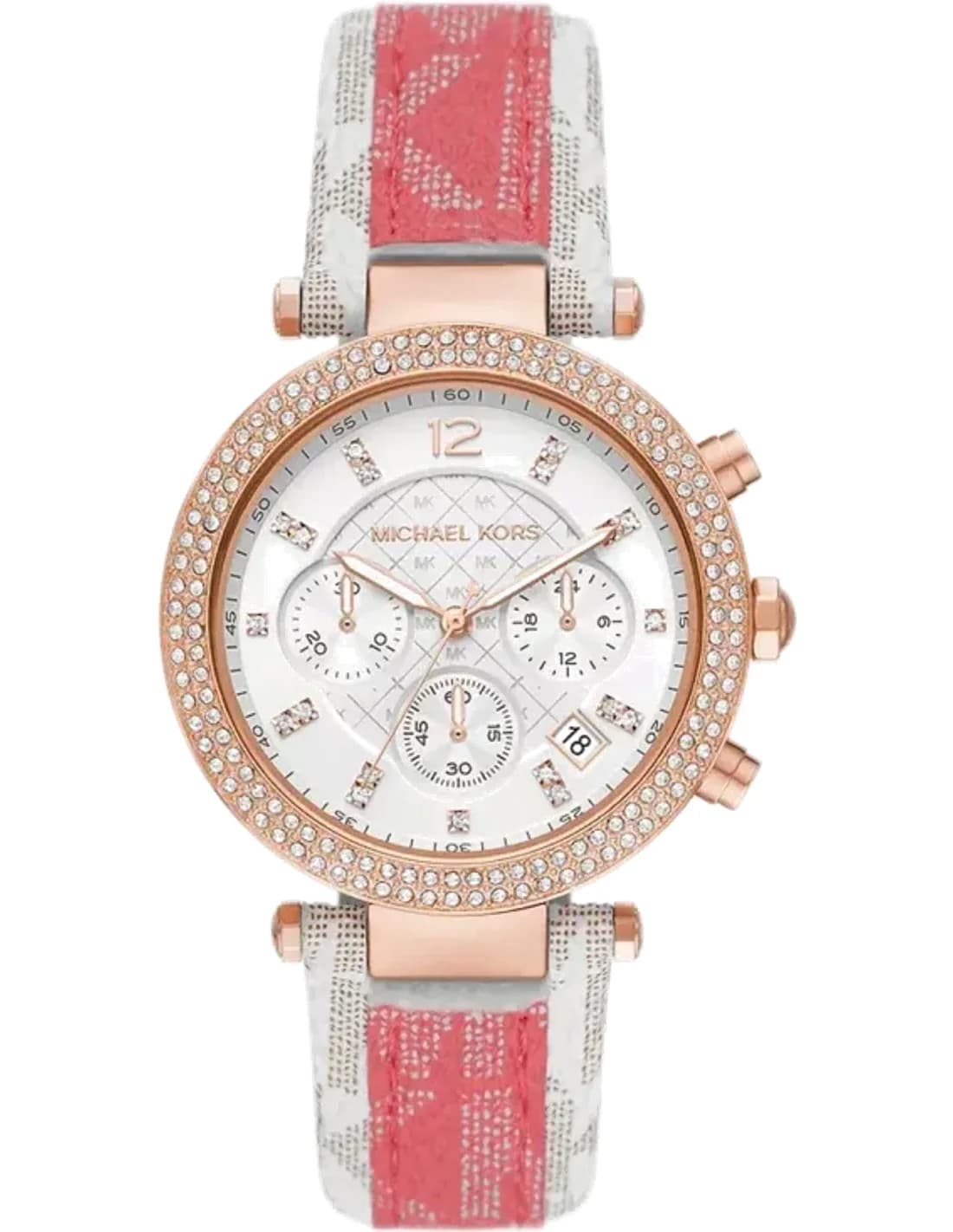 Montre Michael Kors Parker MK6951 orné de cristaux à cadran blanc bracelet bicolore à logo imprimé MK
