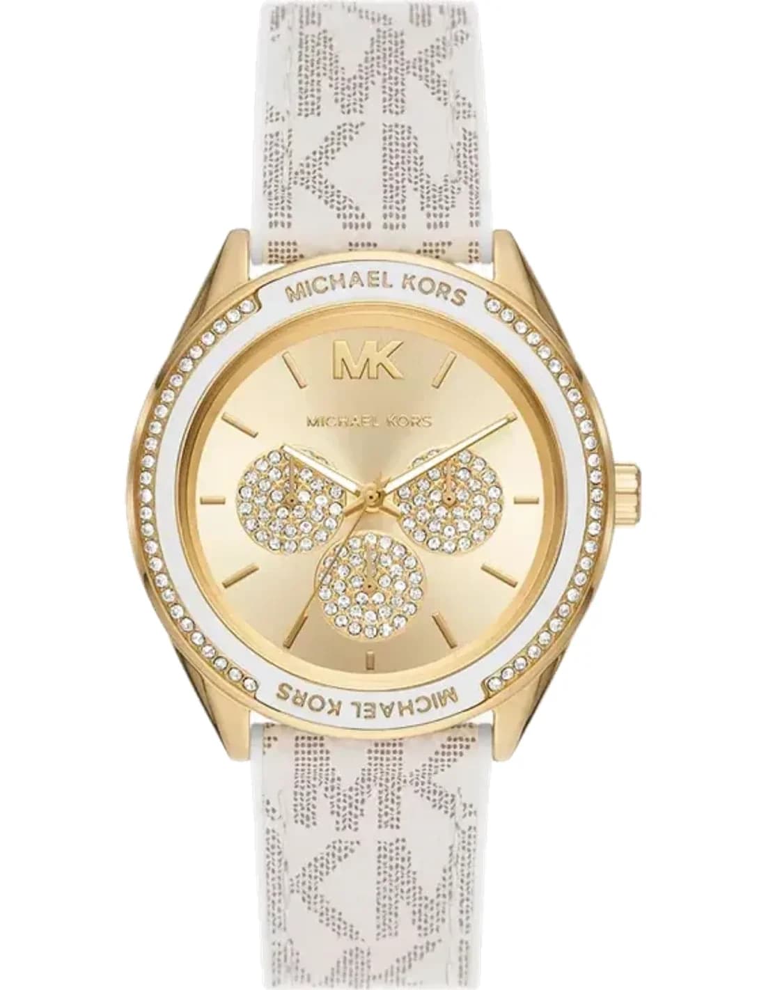 Montre Michael Kors Jessa MK7204 multifonction à cadran doré incrusté de cristaux bracelet blanc