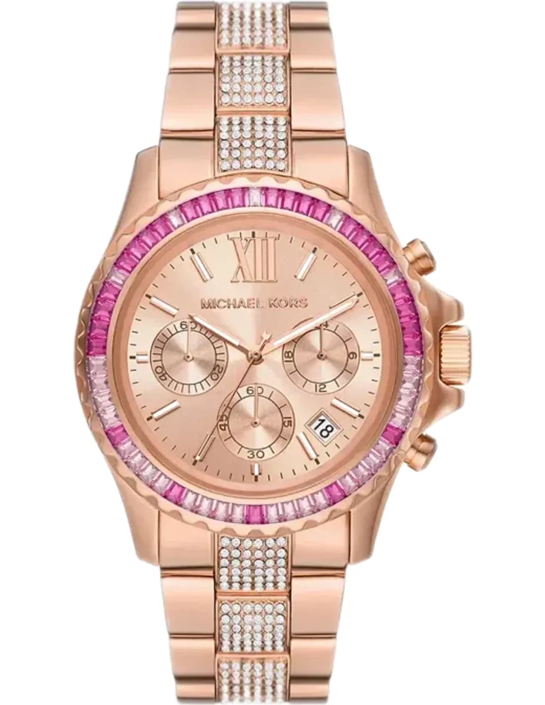 Montre chronographe Michael Kors Everest MK7211 pavée de cristaux rose bracelet en acier inoxydable