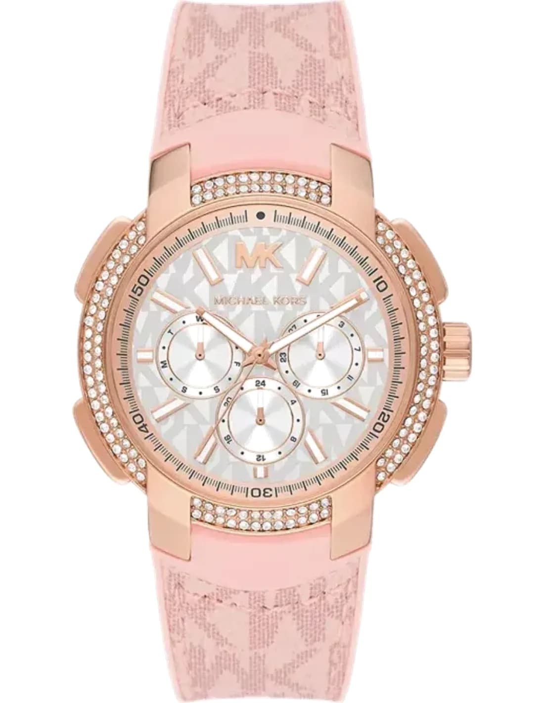 Montre multifonction Michael Kors Sydney MK7222 ornée de cristaux bracelet en silicone rose imprimé MK