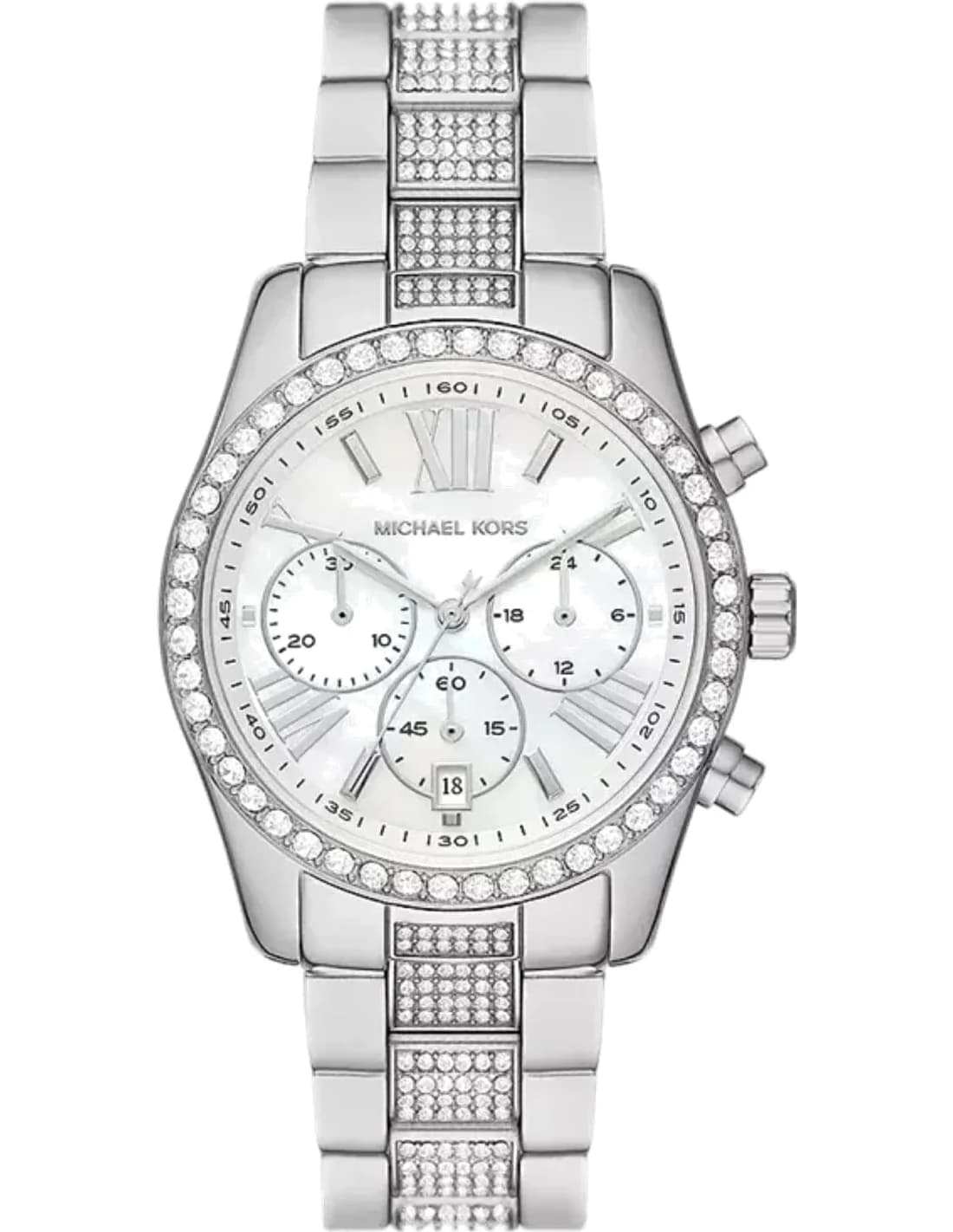 Montre femme Michael Kors Lexington MK7243 cadran chronographe blanc et bracelet en acier inoxydable argenté