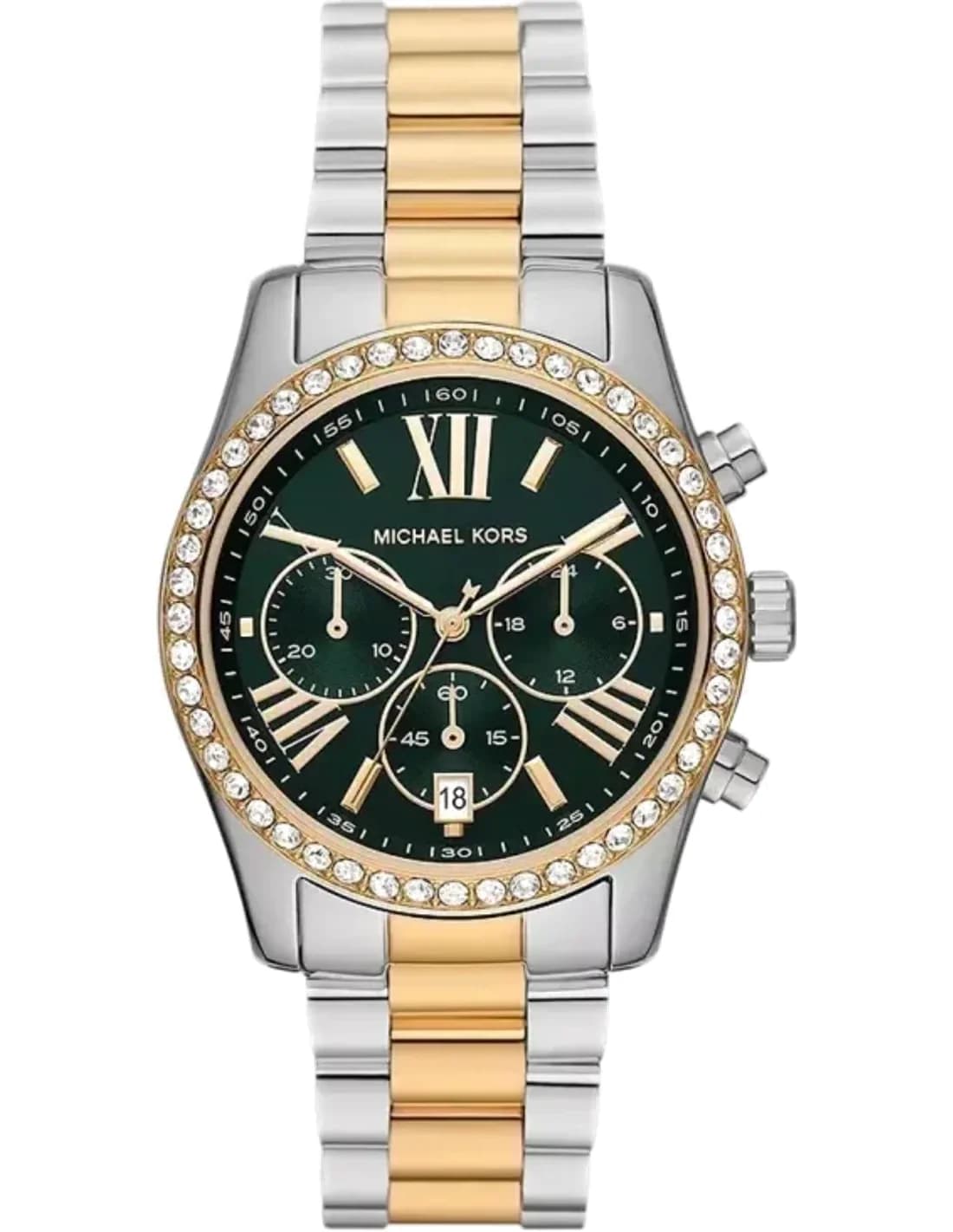 Montre Michael Kors Lexington MK7303 pour femme cadran chronographe vert bracelet en acier inoxydable bicolore