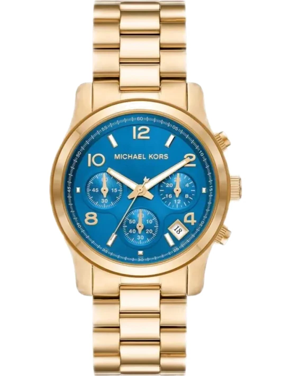 Montre Michael Kors Runway MK7353 chronographe à cadran bleu bracelet doré