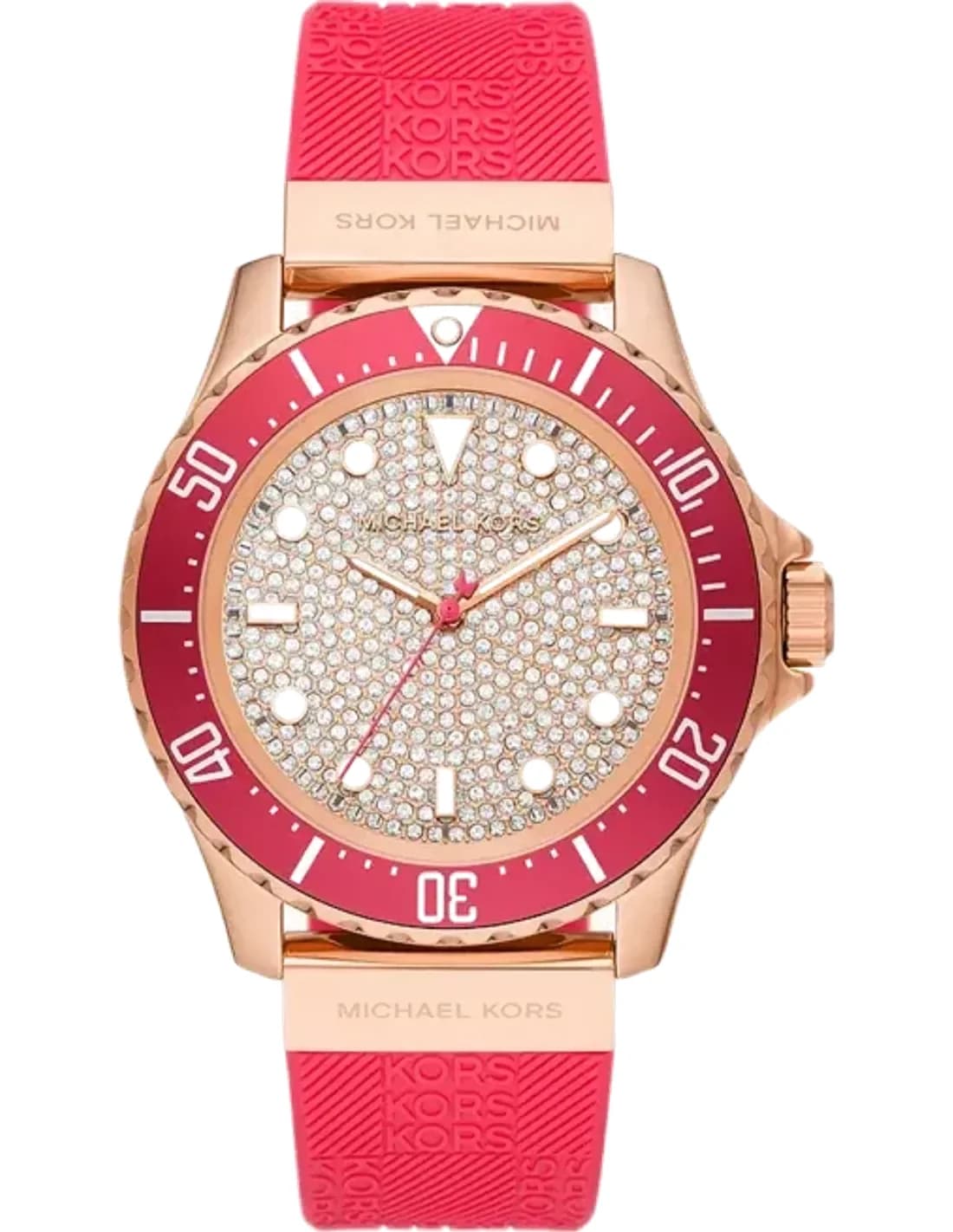 Montre femme Michael Kors Slim Everest MK7359 Pavé cadran Marvel ton or rose bracelet en silicone rouge
