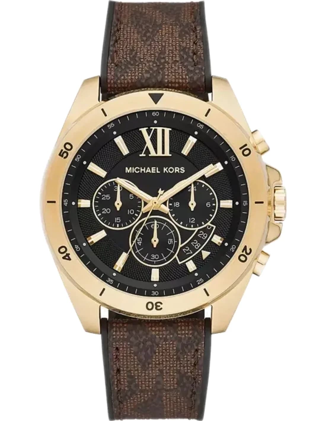 Montre Michael Kors Brecken MK8849 chronographe à cadran noir toile à imprimé signature et bande marron