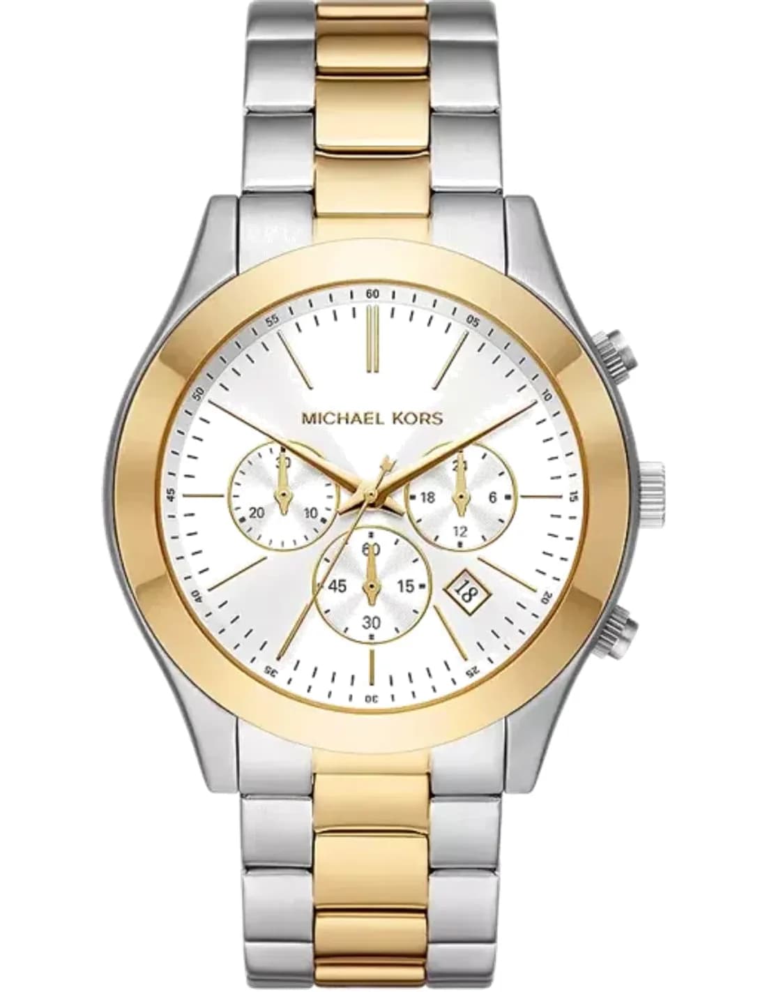 Montre Michael Kors Runway MK8987 chronographe à cadran blanc et bracelet bicolore